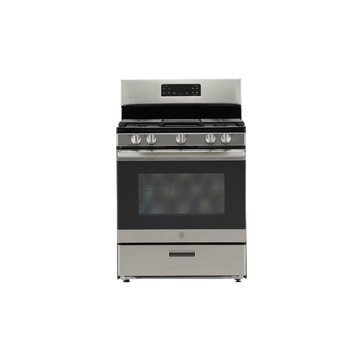 GE 30-inch freestanding gas range by Casavibeo with four burners and oven, stainless steel finish, and control knobs.