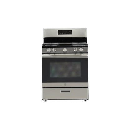 GE 30-inch freestanding gas range by Casavibeo with four burners and oven, stainless steel finish, and control knobs.
