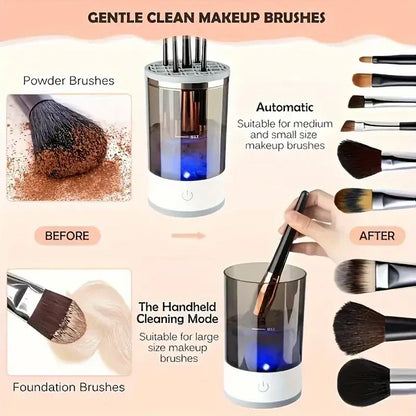 Belro automatic electric makeup brush cleaner in white and silver, showing the compact device with brushes ready for cleaning.