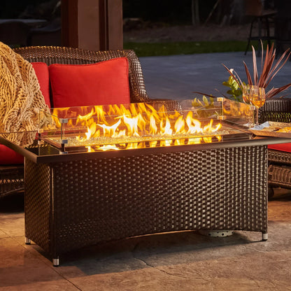 Casavibeo Montego Linear Gas Fire Pit Table with modern design, featuring a sleek fire bowl and stylish tabletop for outdoor spaces.