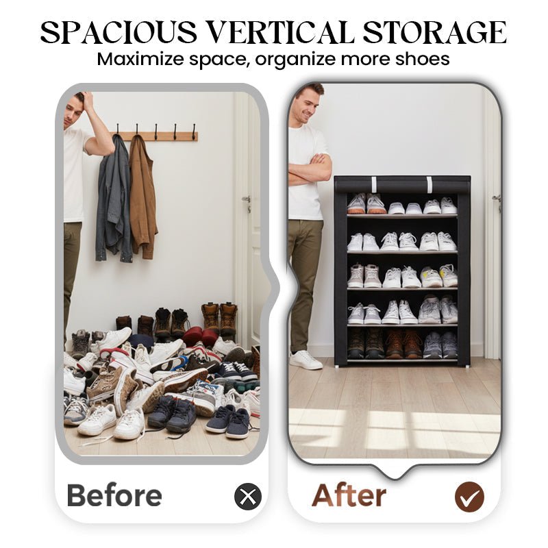 Mivoza fabric shoe rack with steel frame, 6 or 8 tiers, space-saving freestanding shoe storage organizer in neutral colors.