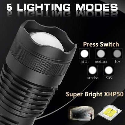 Belro 90000 Lumens Xhp50.2 powerful flashlight with a sturdy black body and adjustable focus lens for bright outdoor illumination.