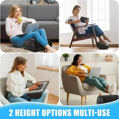 Belro under desk foot cushion rest for back support, ergonomic health and comfort, placed on a wooden desk.
