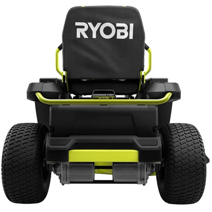 Casavibeo RYOBI 42-inch 100 Ah battery electric riding zero-turn mower with cutting deck and control panel visible in the image.