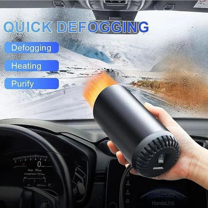 Belro cup-shaped car warm air blower showing adjustable 360-degree rotatable plug and compact design for cars, SUVs, RVs, and trucks.