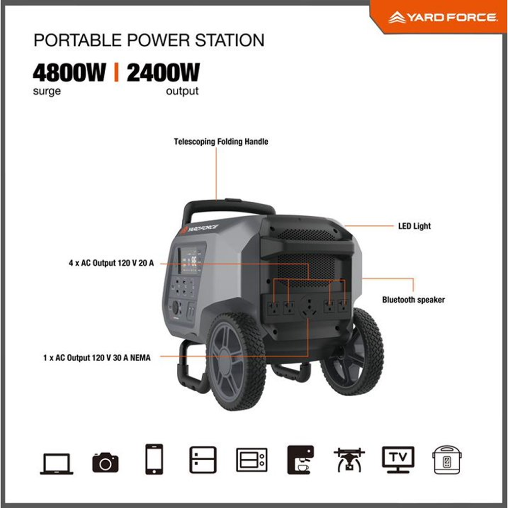 Casavibeo Yard Force PB-2400 portable power station with 2400W capacity and multiple outlets for outdoor and emergency use.