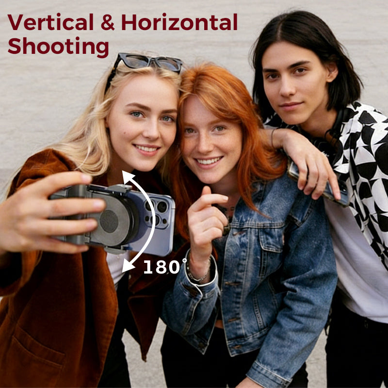 Mivoza smartphone grip with Bluetooth remote shutter and 180° mount, designed for steady photography and easy device handling.