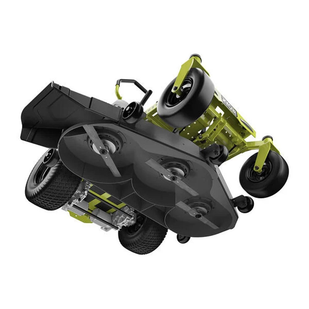 Ryobi 48V 54-inch zero turn riding mower with 115 Ah HP brushless battery, featuring a durable cutting deck and ergonomic controls.
