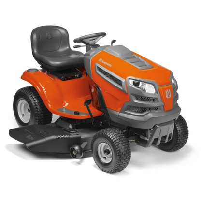 Husqvarna YTH22V46 lawn tractor with 46-inch cutting deck and 724 cc engine, featuring mulching capability, shown in a yard setting