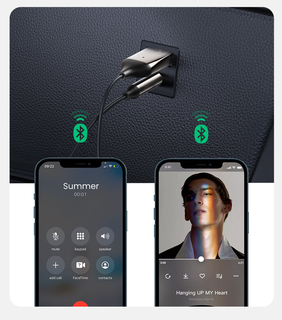 Belro Bluetooth Aux Adapter connected to audio device, compact electronics accessory for wireless audio streaming.