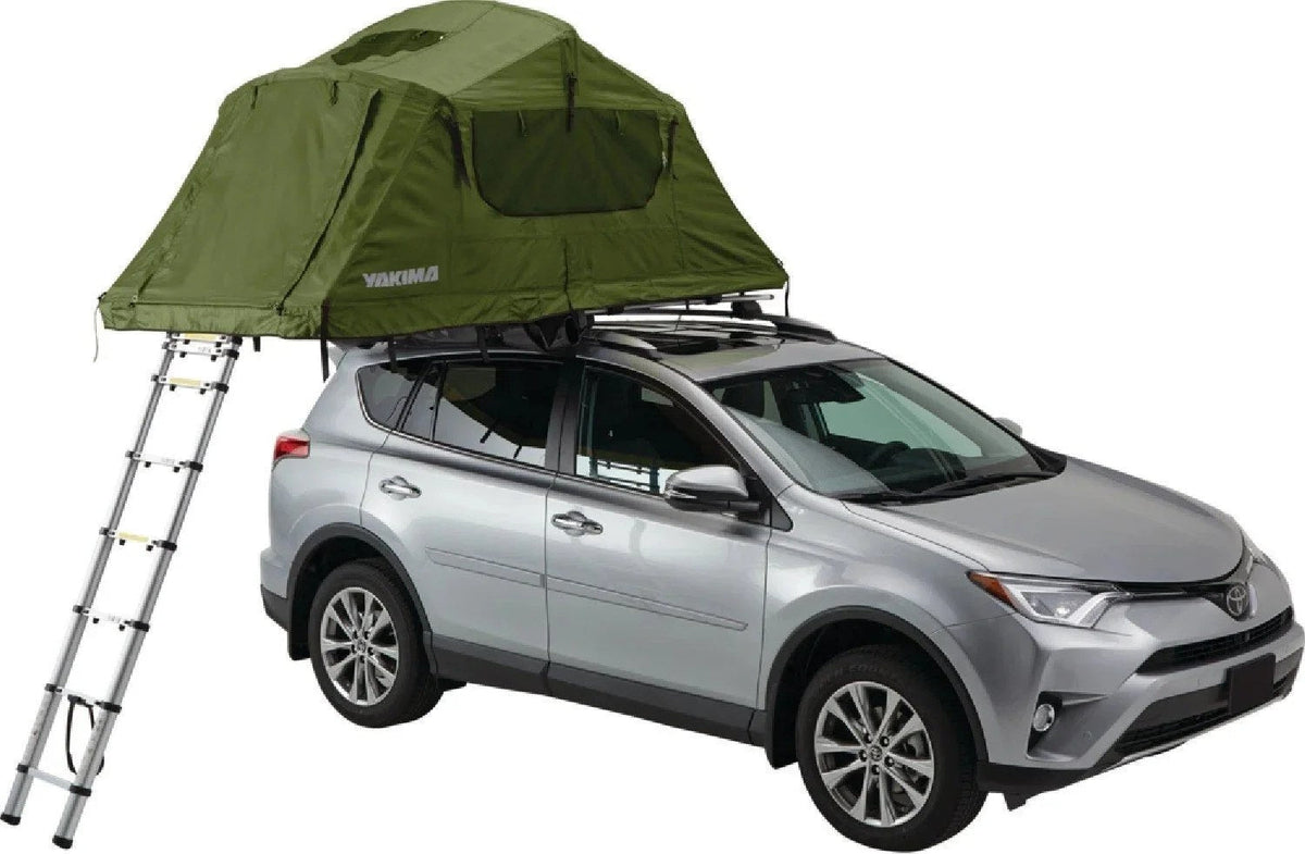 Casavibeo Yakima Skyrise rooftop tent set up on a vehicle, showcasing its durable fabric, spacious interior, and rooftop installation.