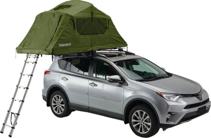 Casavibeo Yakima Skyrise rooftop tent set up on a vehicle, showcasing its durable fabric, spacious interior, and rooftop installation.