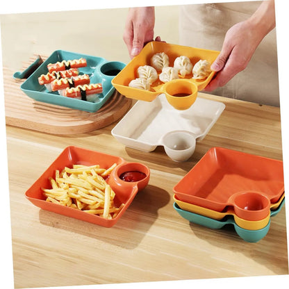 Mivoza dipping plate with sauce compartment, stackable, no-drip design for serving condiments and sides in kitchen tableware.