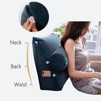 Belro luxury back wedge bed pillow for back pain support, showing ergonomic design and soft fabric for comfort and relief.