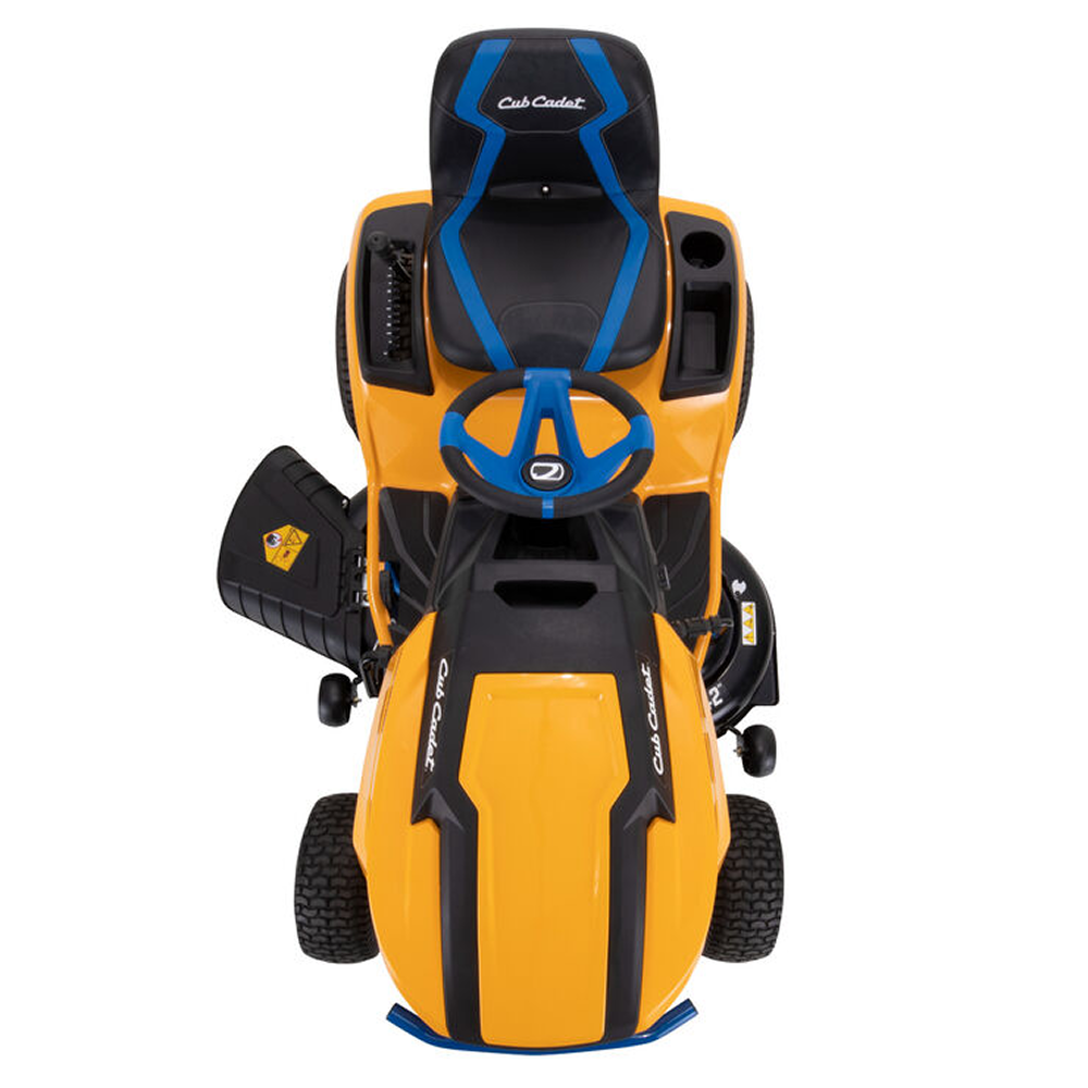 Cub Cadet XT1 LT42E electric lawn tractor with 42-inch cutting deck and black and green design, shown from side angle.