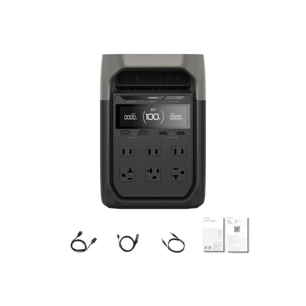 EcoFlow DELTA 3 portable power station by Casavibeo, showing sleek design with multiple charging ports and digital display.