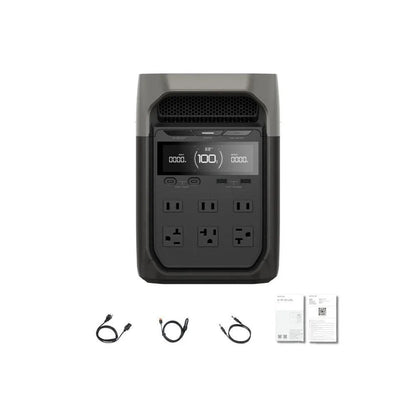 EcoFlow DELTA 3 portable power station by Casavibeo, showing sleek design with multiple charging ports and digital display.