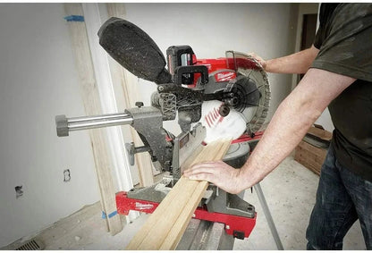 Milwaukee 18V Lithium-Ion brushless cordless 12-inch dual bevel sliding compound saw with blade and adjustable handle.