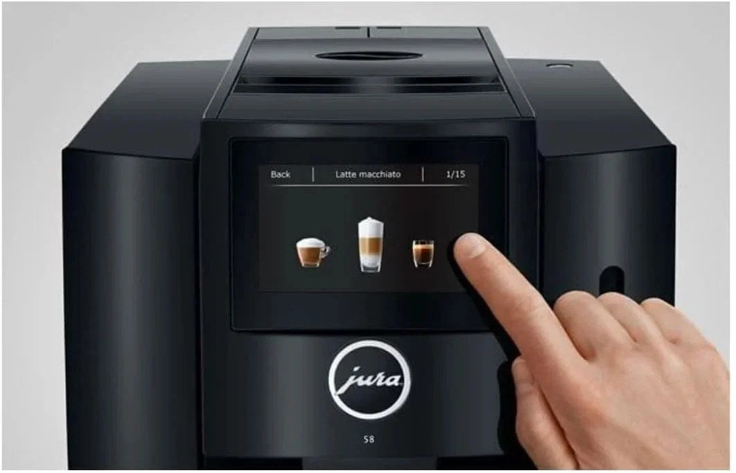 Casavibeo Jura S8 automatic coffee machine with sleek design, digital display, and coffee spouts for premium brewing.