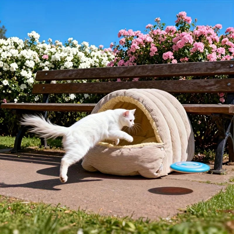 Beige Belro Warm Arctic Fleece enclosed cat cave bed with cozy, padded interior for cats to rest and hide comfortably.
