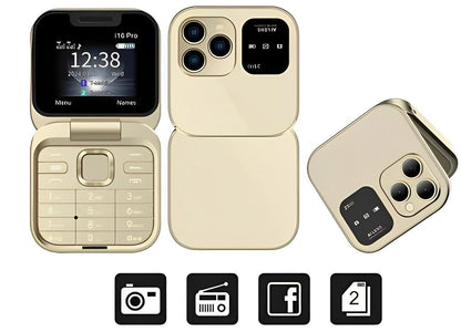 Belro foldable dual SIM smartphone showing the opened device with screen and dual SIM slots visible.