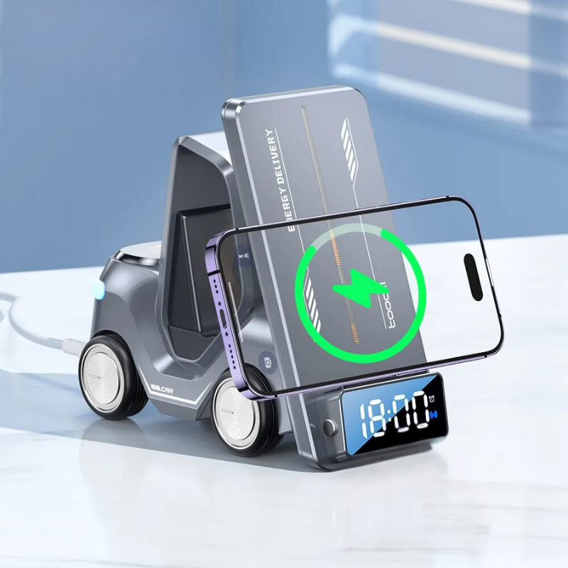 Belro 5-in-1 forklift design wireless charger with alarm clock and night light, featuring a modern electronic power and charging device.