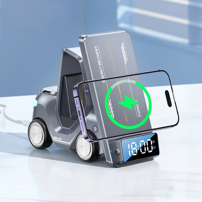 Belro 5-in-1 forklift design wireless charger with alarm clock and night light, featuring a modern electronic power and charging device.