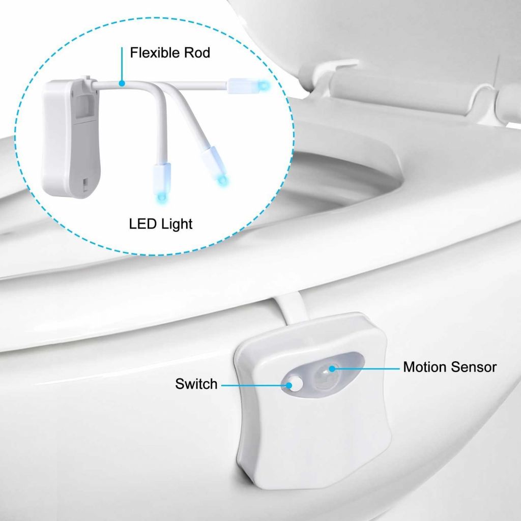 Belro LED toilet night light glowing in a bathroom, providing soft, colorful illumination for nighttime use.