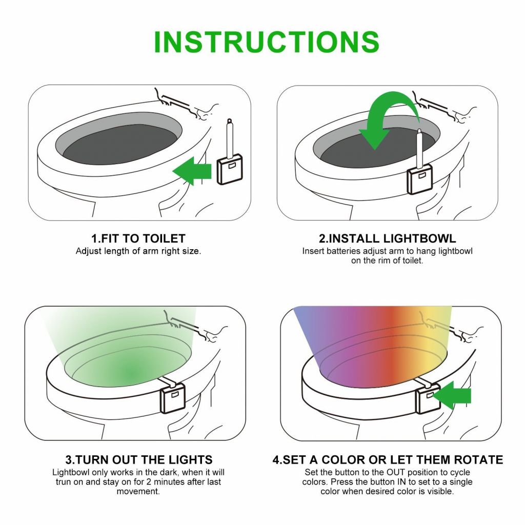 Belro LED toilet night light illuminating a bathroom with soft, colorful glow for nighttime visibility and convenience.