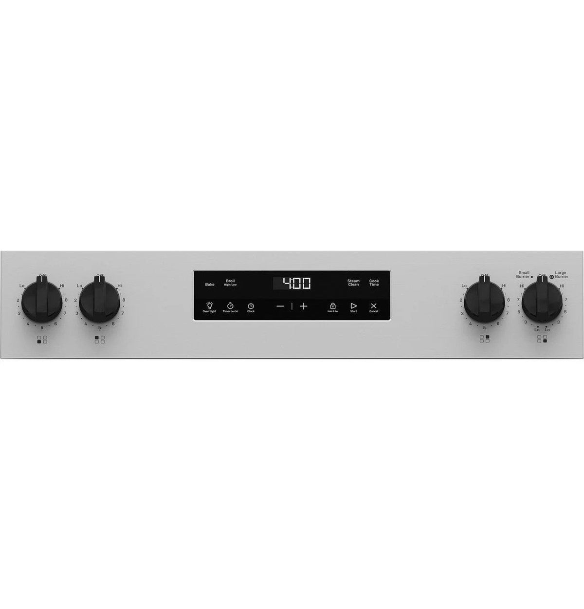 GE 30-inch freestanding electric range by Casavibeo with four burners and digital control panel, stainless steel finish.