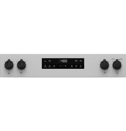 GE 30-inch freestanding electric range by Casavibeo with four burners and digital control panel, stainless steel finish.