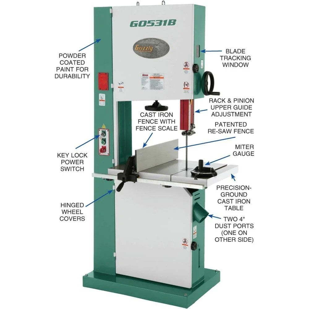 Casavibeo Grizzly G0531B 21-inch industrial bandsaw with 5 HP motor and brake, shown with blade and sturdy frame.