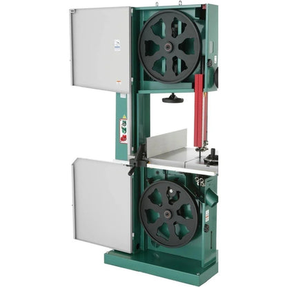 Industrial Casavibeo Grizzly G0531B 21-inch 5 HP bandsaw with brake, showing the sturdy metal frame and cutting blade in action.