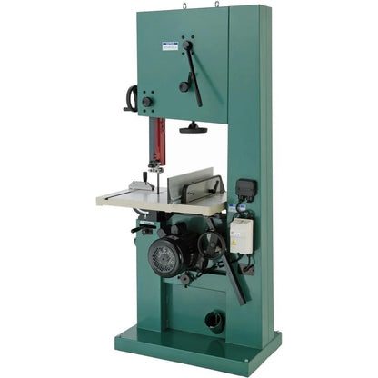 Industrial Casavibeo Grizzly G0531B 21-inch 5 HP bandsaw with brake, showing the saw blade and sturdy metal frame.