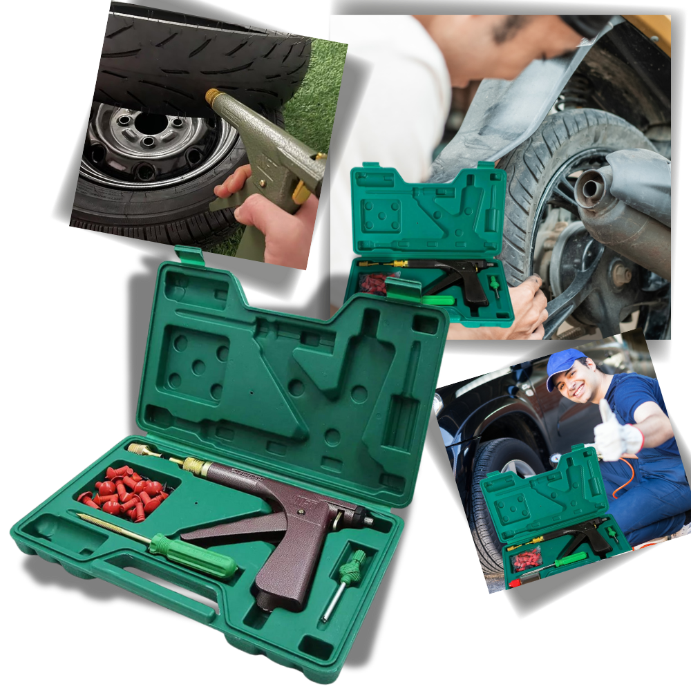 Belro universal tire puncture repair kit with tools and rubber plugs for quick tire repairs at home or in the garage.