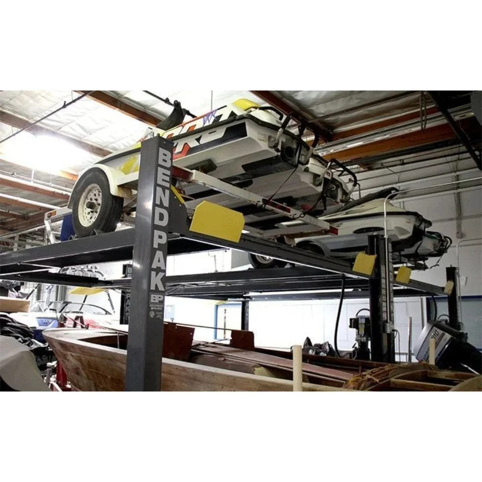 Casavibeo BendPak HD-7500BLX 7,500 lb capacity vehicle and boat storage lift with 82-inch rise, shown in a garage setting.