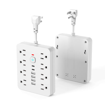 Belro 14-in-1 power strip with surge protection showing multiple outlets and power switches for electronic devices.