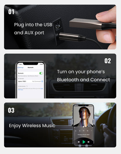 Belro Bluetooth Aux Adapter connected to audio device, compact electronic accessory for wireless audio streaming.