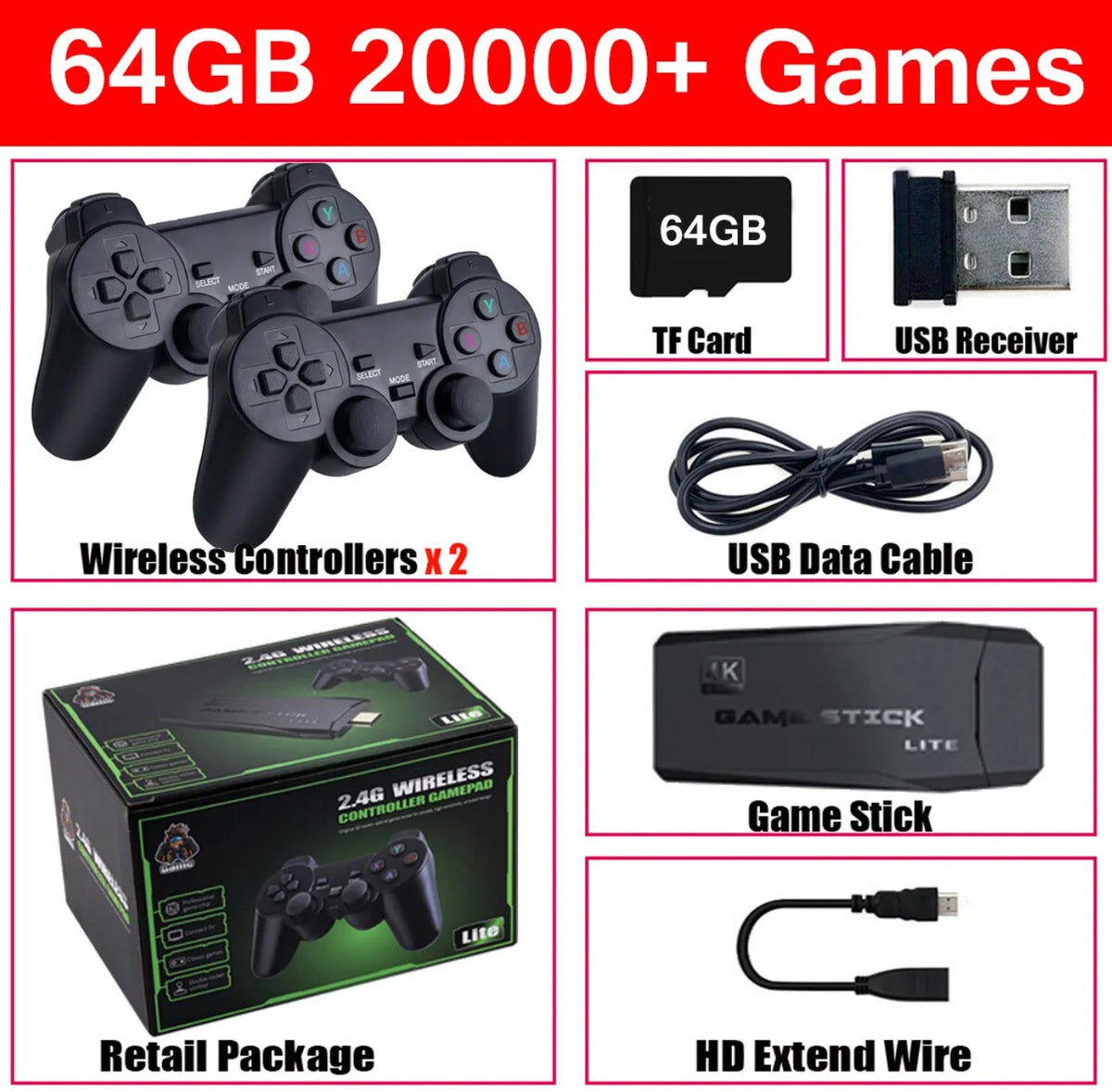 Belro HDMI 4K TV game stick console with 64GB storage, 20,000+ retro games, and two wireless gamepads for gaming entertainment.