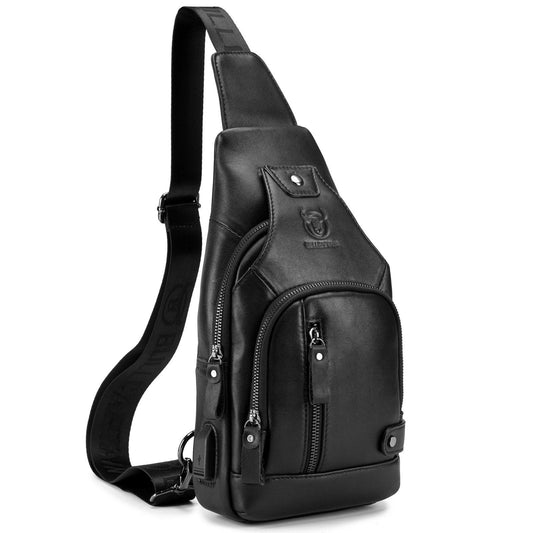 Genuine leather men's crossbody sling bag with USB port for travel and hiking, featuring adjustable strap and compact design.