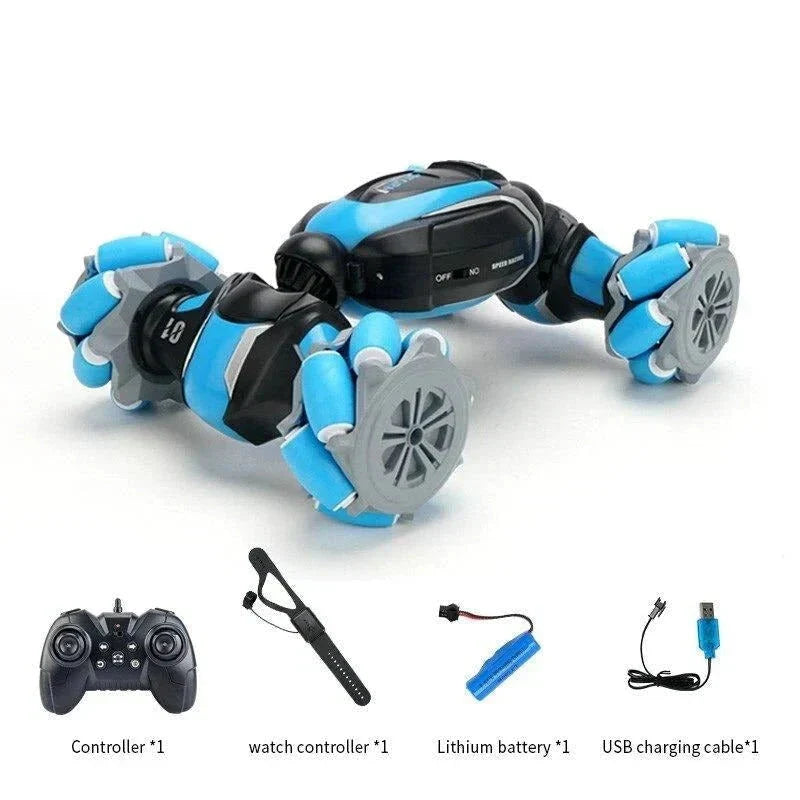 Belro gesture control stunt car with remote control, showcasing its sleek design and colorful exterior in a close-up shot.