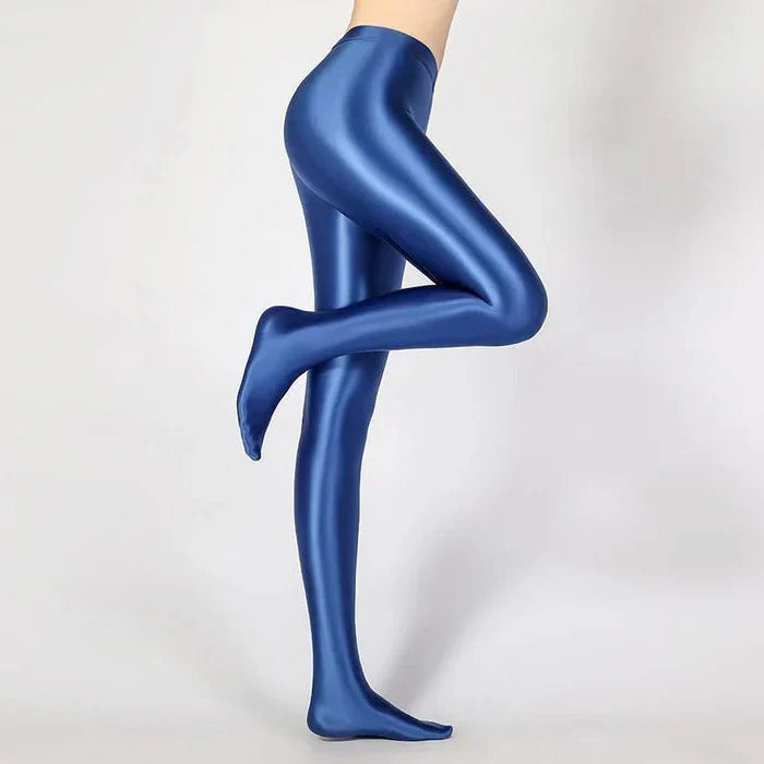 Glossy opaque shiny high-waist stockings by Belro featuring high elastic fit and sleek, form-fitting leg design.