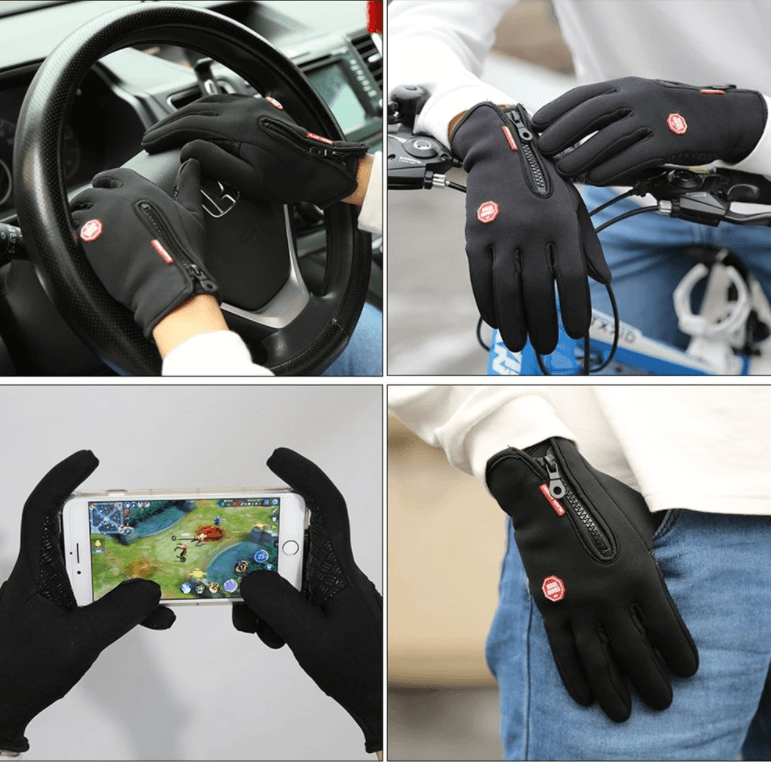 BowLift Sandsberg waterproof windproof thermal touchscreen gloves for outdoor winter activities, showing black gloves with textured palms.