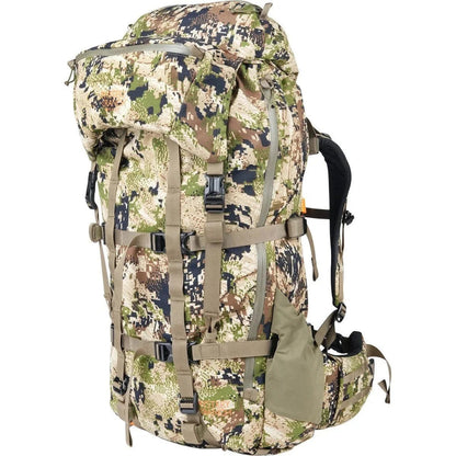 Casavibeo Mystery Ranch Metcalf 75 backpack with multiple compartments and padded straps, shown in a side view.