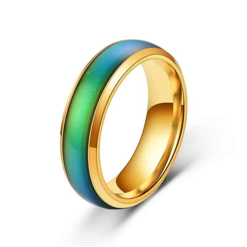 Gold stainless steel mood ring by Belro, showcasing a smooth, shiny band with a colorful mood stone in a jewelry ring.