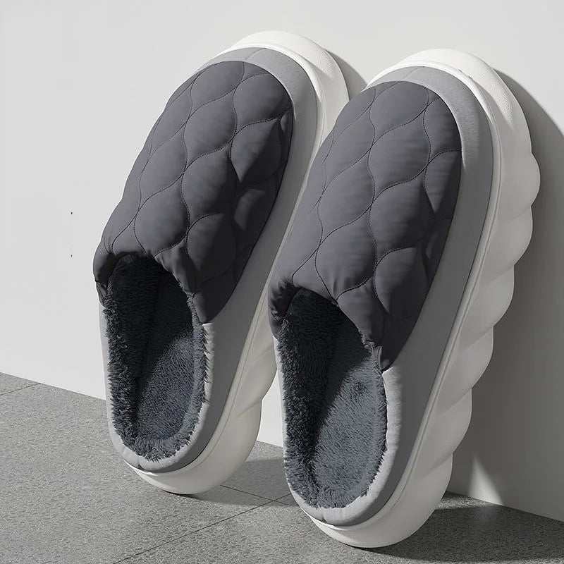 Gray Belro waterproof warm winter slippers for men, soft interior and slip-resistant soles, ideal for cold indoor and outdoor wear.