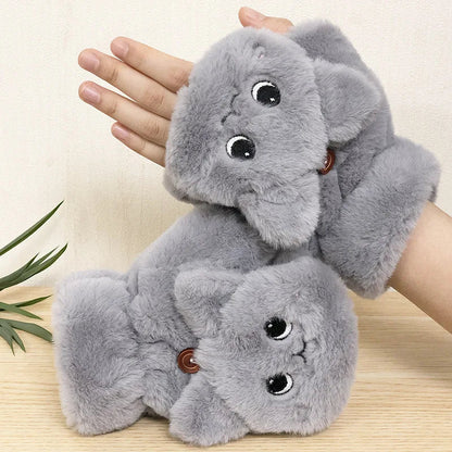 Gray plush animal fingerless gloves from Belro, soft and cozy clothing accessory with animal design details.