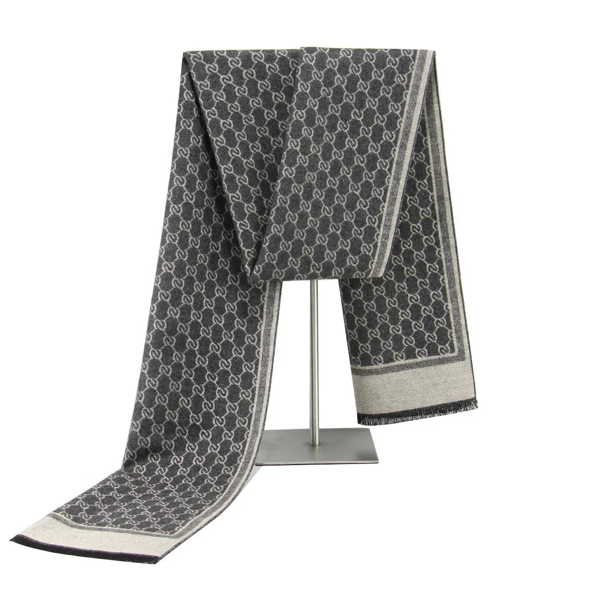 Gray Belro luxury cashmere feel winter scarf draped, showcasing soft, cozy fabric and stylish design for cold weather accessories.