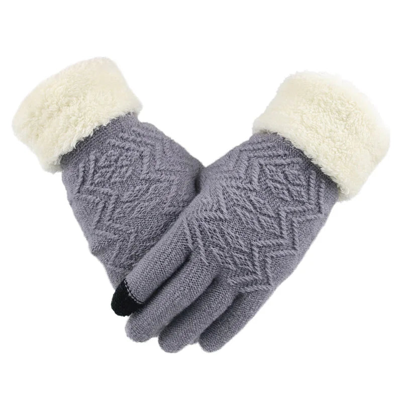 Gray Belro plush lined touch screen knitted gloves with ribbed cuffs, perfect for warmth and device use in cold weather.