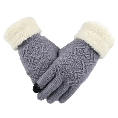 Gray Belro plush lined touch screen knitted gloves with ribbed cuffs, perfect for warmth and device use in cold weather.